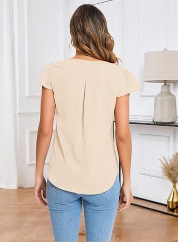 GUNEST Women Summer Tops Apricot Blouse Ruffle Crew Neck Short Sleeve Chiffon Dressy Solid Color Casual Loose Fit Work 2025 Spring Summer Trendy Shirts Outfits for Ladies Girls - Image 5