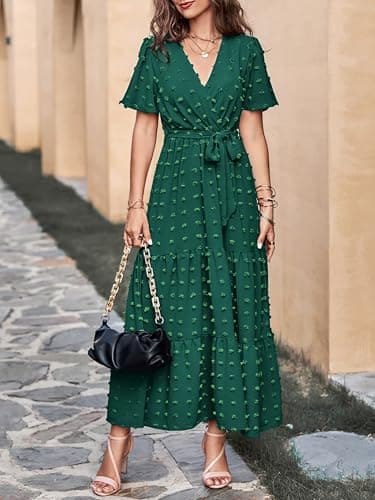 MASCOMODA Womens Boho Swiss Dot Maxi Dresses Wrap V Neck Flutter Short Sleeve Solid Tie Belt A Line Tiered Flowy Long Dress(Dark Green,Small) - Image 7