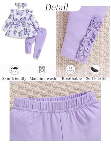 2T Girl Clothes 3T Toddler Girl Clothes Baby Girl Outfits Fall Cute Ruffle Shirt Top Floral Pants Set Infant Winter Clothes for Little Girls Purple - Image 5