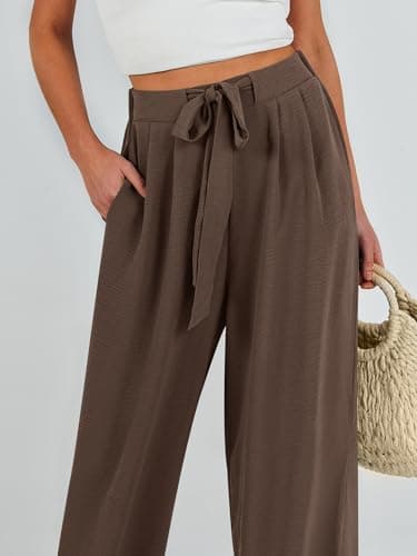 Caracilia Women Wide Leg Palazzo Pants Summer High Waist Flowy Casual Trousers Loose Lounge Beach Travel Vacation Clothes Brown Large - Image 6