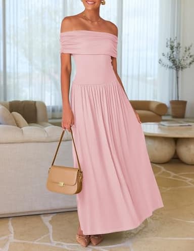 ZESICA Women's Off The Shoulder Maxi Dress 2025 Summer Sleeveless Casual Slim Swing Pleated Formal Party Dresses,Pink,Small - Image 7