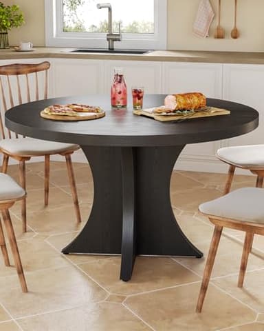 LITTLE TREE Round Dining Table for 4-6, 47.24 Inches Farmhouse Wooden Kitchen Table with Spacious Tabletop for Dining Room, Black - Image 2