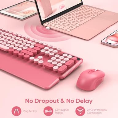 Wireless Keyboard and Mouse Combo - Round Keycaps, Full-Size Retro Typewriter Keyboard with Detachable Wrist Rest, Sleep Mode & Tilt Legs, 2.4GHz Cordless Connection for Mac/Windows/PC (Hot Pink) - Image 5