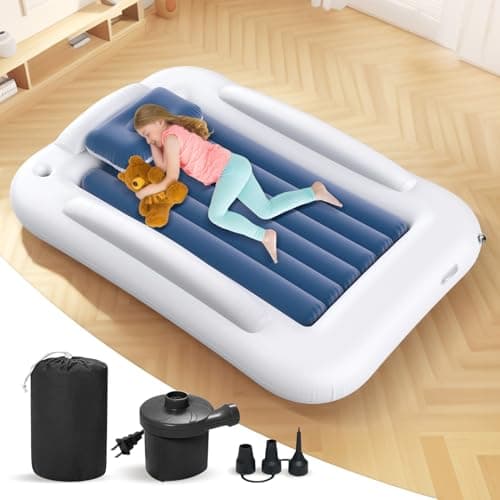 Deeteck Inflatable Toddler Travel Bed - 60 Inches Portable Toddler Bed for Travel with Safety Sides - Cozy Kids Air Mattress Set with High-Speed Pump & Carry Case - Lightweight & Easy to Inflate -Blue - Image 1