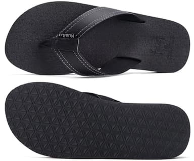 KuaiLu Men's Leather Flip Flops Arch Support Summer Beach Pool Water Thong Sandals Waterproof Rubber Walking Shoes Slip on Orthotic Casual Sport Cushioned Wide Slides Shower Slippers Black Size 14 - Image 9
