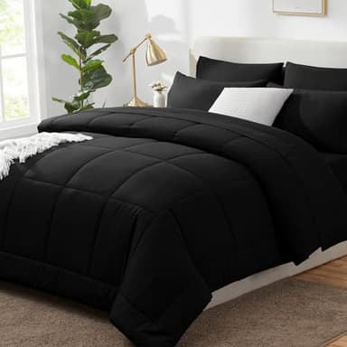 CozyLux Full Size Comforter Sets Black, 7 Pieces Bed in a Bag, Black Comforter Full Size, All Season Bedding Sets with Stitch Quilted Comforter, Flat Sheet, Fitted Sheet, Pillowcases - Image 1