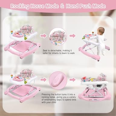5 in 1 Foldable Baby Walker, Activity Baby Walker-Baby Bouncer, Rocker, Activity Center,Seat and Push Walker,Detachable Trampoline Mat, Adjustable Speed Rear Wheels and Height,Ages 6-18 Months(Pink) - Image 5