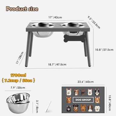 ADENGL Raised Dog Bowl Stand for Large Dogs, 10” Tall Elevated Feeder with Spill-Proof Mat, Stainless Steel 58OZ Bowls for Food & Water, Gray Color (Mat Size: 16x24”) - Image 3
