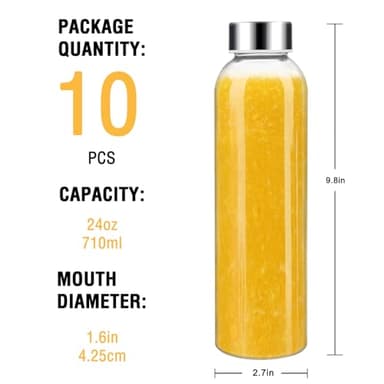 Sursip 24oz Glass Water Bottle Set of 10, Leak Proof Clear glass juice bottle for juicing, Reusable Drinking Bottles with Stainless Steel Lid, Beverage Storage Containers for Refrigerator-BPA Free - Image 6