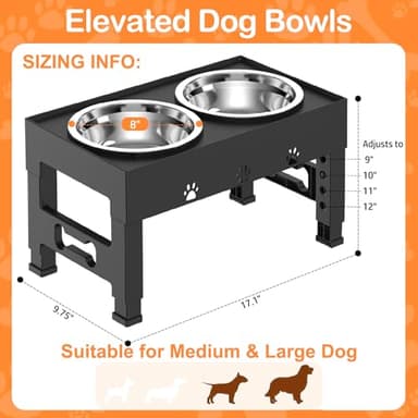 LAKIPETN Elevated Dog Bowls with 2 Stainless Steel Bowls, Raised Dog Food Bowl Stand 5 Height Adjustable (3.1", 9", 10", 11", 12") Non-Slip Feeder Station Set for Medium and Large Dogs - Black - Image 5