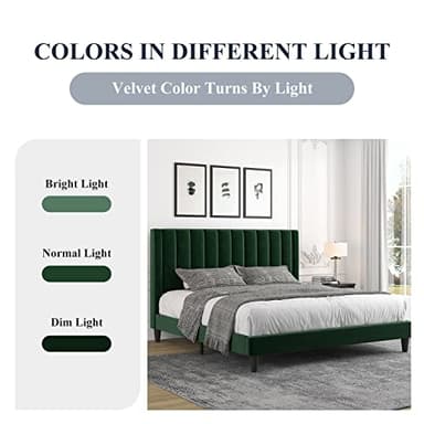 Allewie Queen Bed Frame/Velvet Upholstered Bed Frame with Vertical Channel Tufted Headboard/Strong Wooden Slats/Platform Bed Frame/Mattress Foundation/Box Spring Optional/Easy Assembly/Green - Image 5