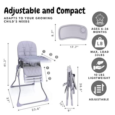 Bicystar Foldable Baby High Chair with Easy Clean Double-Layer Tray, Adjustable Foot Rest, Safety First 5 Point Harness, Compact Space Saver Baby Feeding Chair Portable for Travel - Image 4