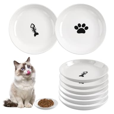 6 Pack Cat Food Bowl, Ceramic Cat Bowls, Anti Whisker Fatigue Cats Bowl Set,5.5 Inches Shallow Wide Kitten Plates for Food and Water (Cat's Paw+Fishbone) - Image 1
