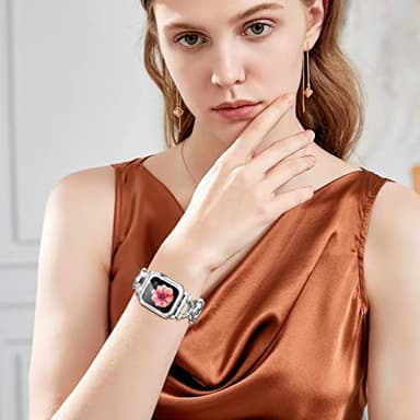 Mesime Compatible with Apple Watch Band 38mm 40mm 41mm 42mm 44mm 45mm , Women Girl Bling Diamond Jewelry Metal Strap Bands with Crystal Tempered Glass Screen Protector Case, Round Shiny Bracelet - Image 7