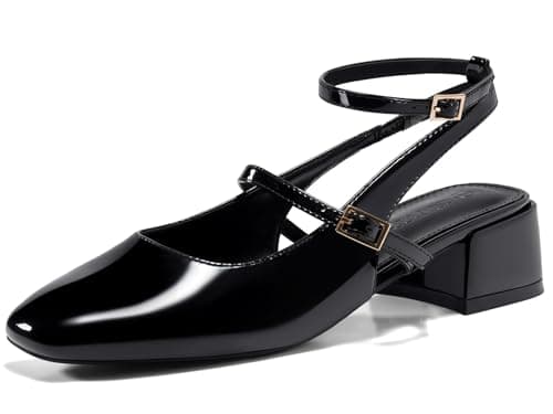 Coutgo Womens Mary Jane Chunky Low Heels Closed Square Toe Ankle Strap Pumps Wedding Party Dress Shoes, Black, Size 7 - Image 1
