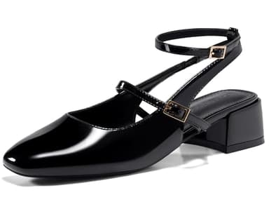 Coutgo Womens Mary Jane Chunky Low Heels Closed Square Toe Ankle Strap Pumps Wedding Party Dress Shoes, Black, Size 7 - Image 1