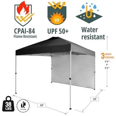 CROWN SHADES 10x10 Pop Up Canopy with 1 Side Wall - Beach Tent with One Push Setup - Outdoor Sun Shade for Events, Parties, Camping - Gazebo with STO-N-Go Cover Bag (Black) - Image 5