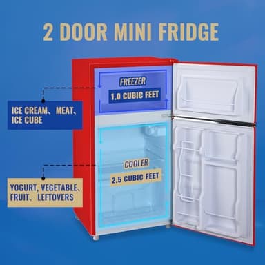 TACOOL 3.5 Cu.ft Refrigerator with Freezer Double Door Red Fridge Adjustable Glass Shelves, Plastic Crisper,7 Level Temperature Control Fridge for Dorm, Office, Apartment - Image 6