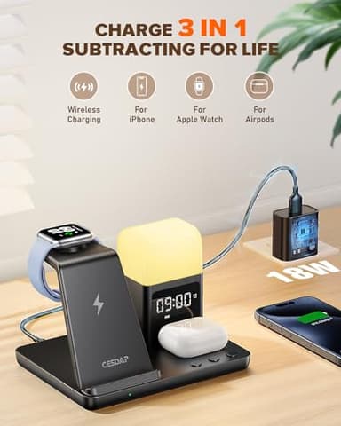 CESDAP 6 in 1 Wireless Charging Station for Apple Charging Station for Multiple Devices with Alarm Clock and Night Light nightstand for iPhone 16 15 14 13 for Apple Watch Best Gift for Your Loved Ones - Image 3