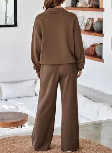 Aleumdr Womens 2 Piece Outfits Sweatsuit Set 2025 Fall Drawstring Sweatshirt Wide Leg Sweatpant Lounge Set Tracksuit Brown Large - Image 7