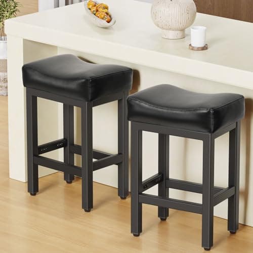 Raynesys Counter Height Bar Stools Set of 2, 24 Inch Barstools for Kitchen Island Counter, Bonded Leather Kitchen Stools with Thick Saddle Seats & Heavy Duty Metal Base, Easy Assembly, All Black - Image 1