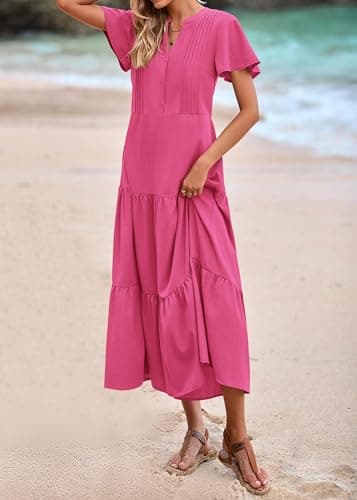 KIRUNDO Summer Maxi Dresses for Women 2025 Spring Fashion Short Sleeve Button V Neck Pleated Loose Tiered Swing Flowy Dress(Rose Red, X-Large) - Image 8
