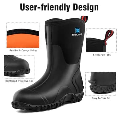 Trudave Rubber Boots for Women with Steel Shank, 6mm Neoprene Mid Calf Rain Boots, Waterproof Insulated Mud Work Boots All Season, Black, Size 5 - Image 3