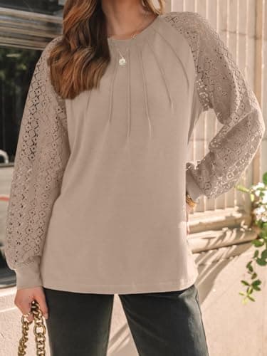 AUTOMET Womens Long Sleeve Shirts Lace Tops Business Casual Blouses 2025 Fall Fashion Teacher Outfits Trendy Clothes Knit T Y2k Ladies Dressy Work Professional Clothing Khaki L - Image 5