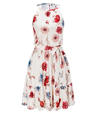 Newshows Women's 2025 Summer Dress Halter Casual Beach Vacation Outfits Hawaiian Dresses Ruffle Belted Sundress with Pockets(Floral-4, L) - Image 6