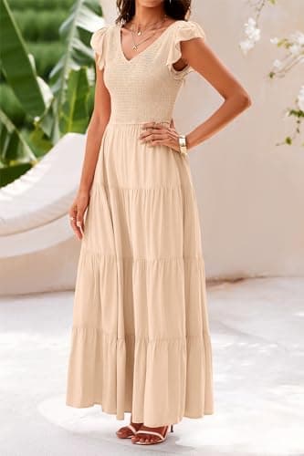 PRETTYGARDEN Women's Summer Flowy Maxi Dress Casual Cap Sleeve V Neck Smocked Beach Sundress (Solid Beige,Large) - Image 7