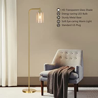QiMH Glass Floor Lamp for Living Room, Modern Industrial Standing Lamp with Pedal Switch, 67” Tall Pole Lamp for Bedroom Study Room, Brushed Gold - Image 3