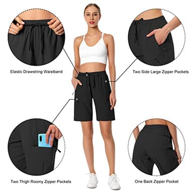 Women's Lightweight Hiking Cargo Shorts Quick Dry Athletic Shorts for Camping Travel Golf with Zipper Pockets Water Resistant Black - Image 5