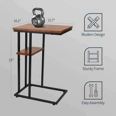 Yoobure C Shaped End Table, Side Table for Couch and Bed, Small Side Tables for Small Spaces, Living Room, Bedroom, Rustic Snack Tables - Image 3
