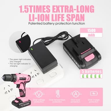 Pink 21V Cordless Drill Set for Women,Power Cordless Drill with Battery and Charger,Lightweight Complete Womens Tool Kit for House,Pink Tools Set with Electric Drill Driver for Home Office Repair - Image 5