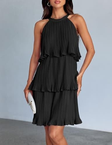 ZESICA Women's 2025 Summer Halter Dresses Sleeveless Ruffle Tiered Layered Chiffon Pleated A Line Swing Mini Dress,DarkBlack,Medium - Image 8