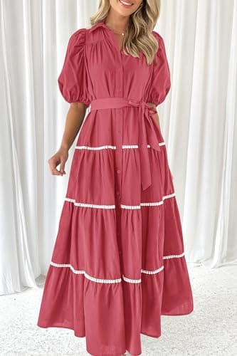 PRETTYGARDEN Women's Summer Button Down Shirt Dress Short Puffy Sleeve Tiered Ruffle Flowy Long Maxi Dresses (Dusty Pink,Medium) - Image 4