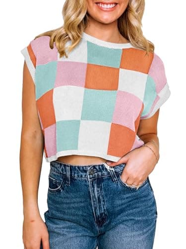 Saodimallsu Womens Cap Sleeve Crop Tops Summer Color Block Going Out Crew Neck Knit Trendy Casual Sweater A-Pink - Image 2
