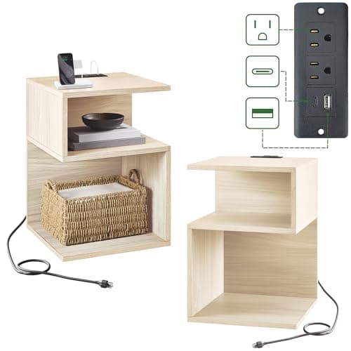 ODIKA Night Stand Set of 2 for Bedroom Beside Table with Charging Station Wood Nightstand with Storage, End Table with USB Ports and Outlets (Natural w/Charging Combo) - Image 1