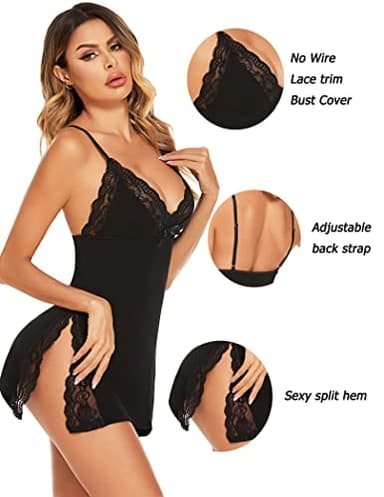 Avidlove Women's Sleepwear Modal Nightgown Full Slip Dress Lace Chemise Lingerie Babydoll Lingerie for Women Black XL - Image 4