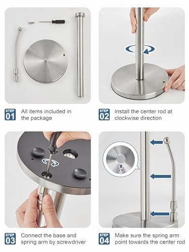SMARTAKE Paper Towel Holder, Paper Towel Dispenser Standing Weighted Base Non Slip, Spring Arm for Easy Tear, Stainless Steel Paper Towel Holder for Home Kitchen Countertop Tabletop, Silver - Image 6