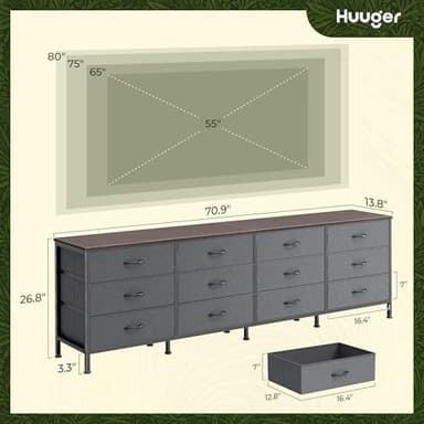 Huuger 70 Inch Dresser for Bedroom, TV Stand for 65, 75, 80 Inch TV, 12 Drawer Long Dresser, Large Storage Organizer Unit, Wide Chest of Drawer with Storage, Fabric Drawer for Living Room, Dark Grey - Image 3