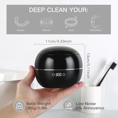 Dental Ultrasonic Retainer Cleaner Machine: 45kHz Dental Cleaning Pod for Denture, Aligner, Mouth Guard, Night Guard, Braces & Jewelry, UV Denture Cleaner with Digital Timer & Dual Mode 250ML Black - Image 6