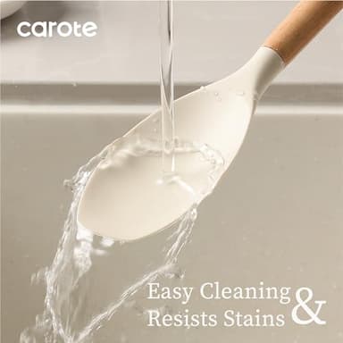 CAROTE Silicone Cooking Utensils Set, Kitchen Utensils Set 10 Pcs for cooking, BPA Free Spatula Set with Heat Resistant Wood Handles for Nonstick Cookware (Cream White) - Image 5