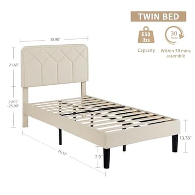 VECELO Twin Size Bed Frame Premium Velvet Upholstered Platform with Height Adjustable Headboard/Mattress Foundation, Solid Wooden Slat Support, No Box Spring Needed/Easy Assembly - Image 2