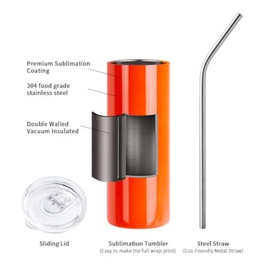 PYD Life 8 Pack 20 OZ Neon Skinny Tumbler Sublimation Blanks Straight Stainless Steel Tumblers for Tumbler Press Machine Sublimation Oven Printing (20 OZ, Neon Orange) - Image 2