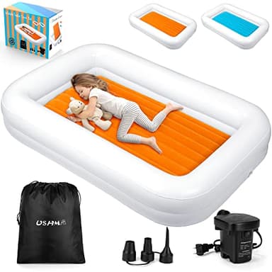 USHMA Toddler Travel Bed [4-Side] | Reversible 2 Colors Kids Air Mattress | Inflatable Toddler Bed | Portable Kids Blow Up Travel Bed with Sides, Orange & Aquamarine - Image 1