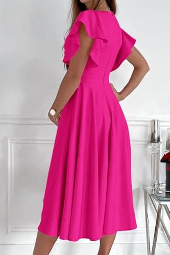 PRETTYGARDEN Summer Midi Dress 2025 Spring Ruffle Sleeve V Neck Cocktail Wedding Guest A Line Fit and Flared Dresses (Rose Red,Large) - Image 2