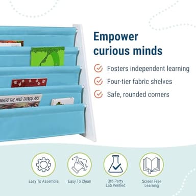 Wildkin Wooden Sling Bookshelf for Kids – Premium Canvas Design with 4 Fabric Shelves, Organizer for Home or Classroom - White w/Aqua - Image 4
