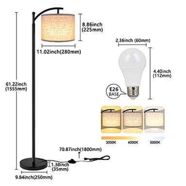 ROTTOGOON Floor Lamp for Living Room with 3 Color Temperatures LED Bulb, Standing Lamp Tall Industrial Floor Lamp Reading for Bedroom, Office (9W LED Bulb, Beige Lampshade Included) -Black - Image 4