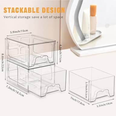 Stebopum 6 Pack Stackable Makeup Organizer, 4.4'' Tall Acrylic Bathroom Makeup Organizer and Storage Drawer with Pull-out Handle, Clear Plastic Storage Bins for Vanity,Pantry,Desk,Undersink,Kitchen - Image 3